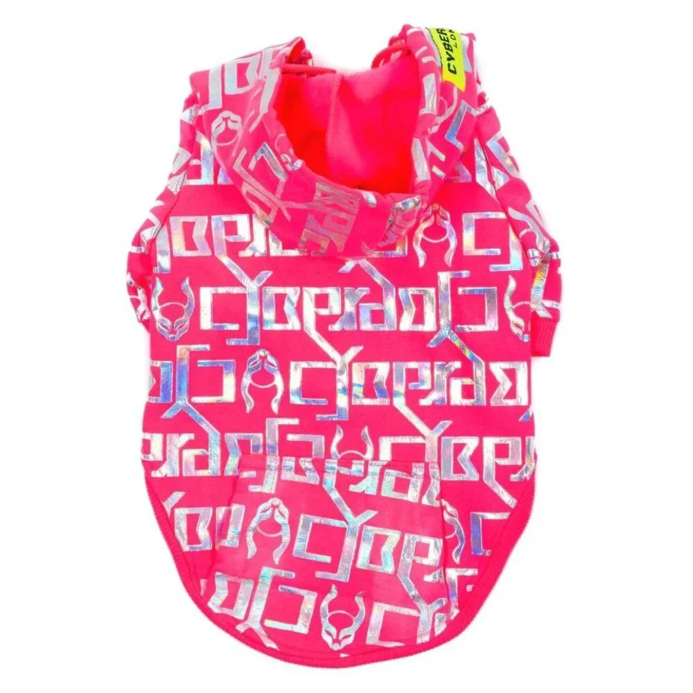 Cyberdog Pink & Silver Dog Hoodie Jacket Ambigram Logo Futuristic Pet Coat M